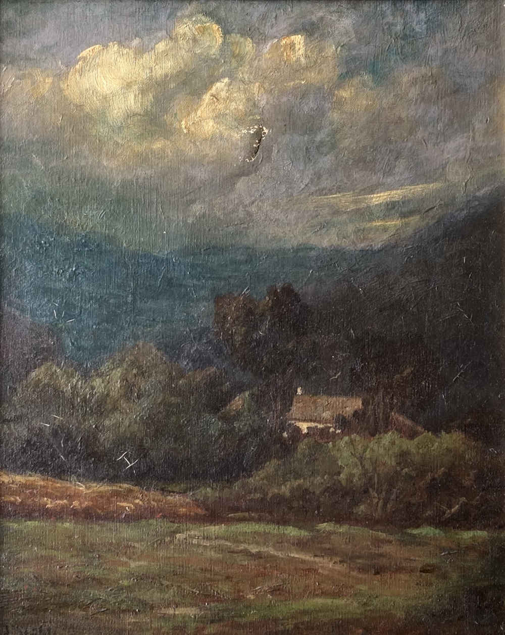 Oil on canvas depicting clouds over a hilly landscape with a house by Adolf Stäbli