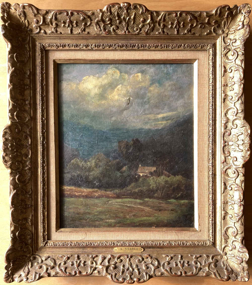 Adolf STÄBLI (* 1842, † 1901) – Clouds over a Hilly Landscape with House – Oil on canvas - Image 2