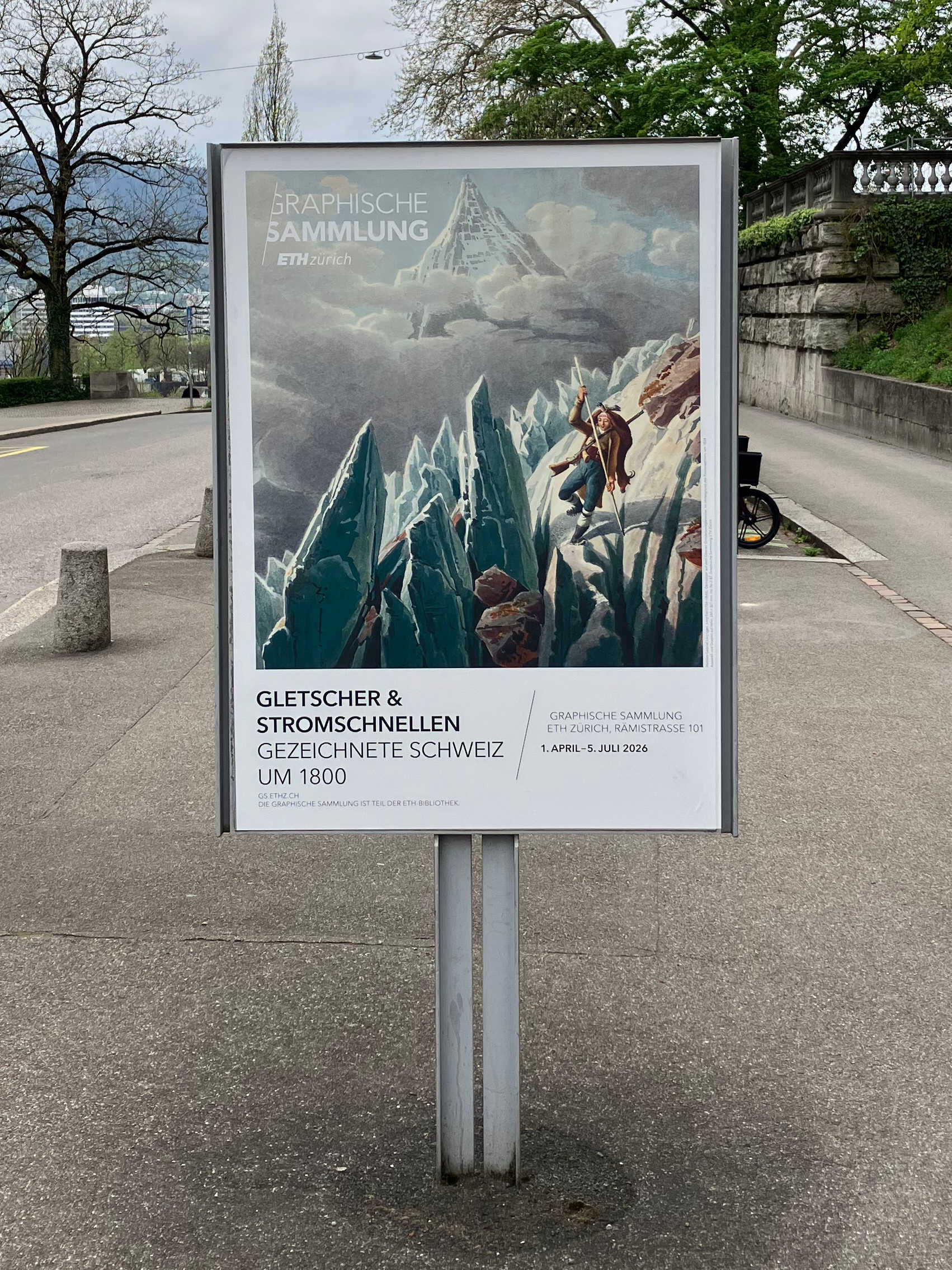 Affiche de l’exposition « Glaciers et rapides – La Suisse dessinée vers 1800 » à la Collection graphique de l’ETH Zurich, du 1er avril au 5 juillet 2026