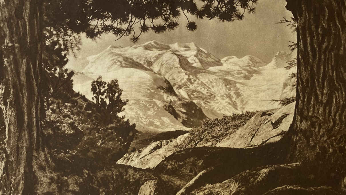 Albert Steiner ist einer der wichtigsten Fotografen der Schweiz, hier das Motiv der Fotografie Blick zu Bellavista - Berninagruppe, wobei es sich vorliegend um einen Kupfertiefdruck aus einer Schweizer Zeitschrift handelt.