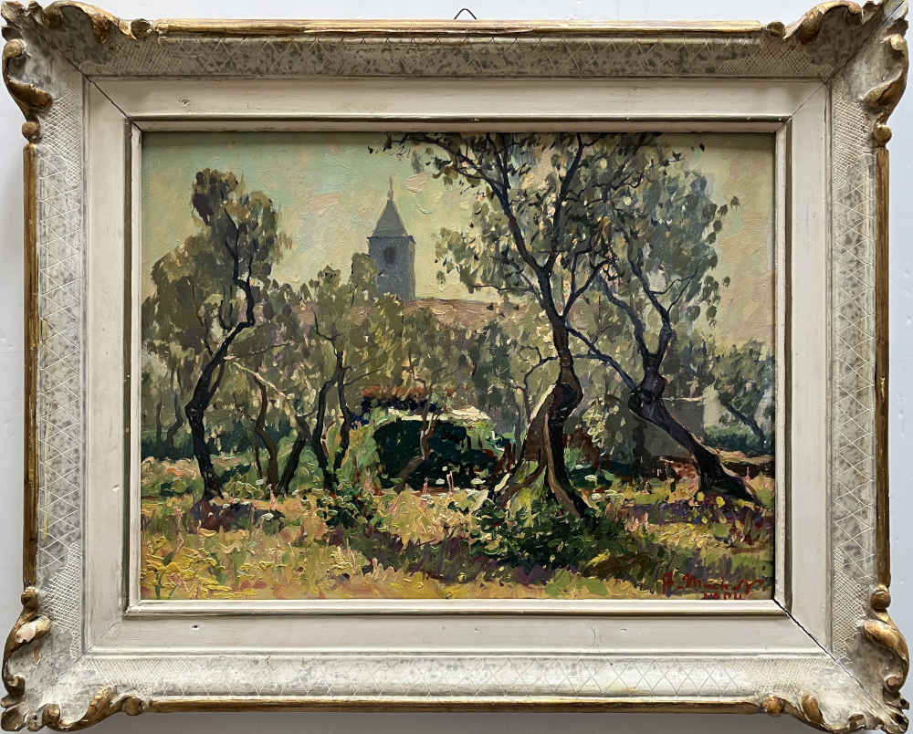 Angelo MUCCHETTI (* 1912, † 1960) – Giardino con chiesa sullo sfondo – Dipinto a olio - immagine 2