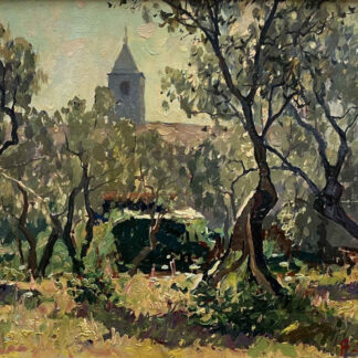 Angelo MUCCHETTI (* 1912, † 1960) – Giardino con chiesa sullo sfondo – Dipinto a olio