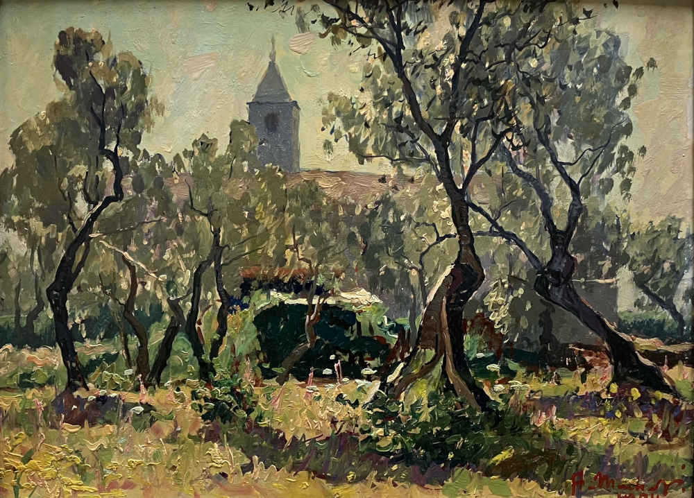 Angelo MUCCHETTI (* 1912, † 1960) – Giardino con chiesa sullo sfondo – Dipinto a olio