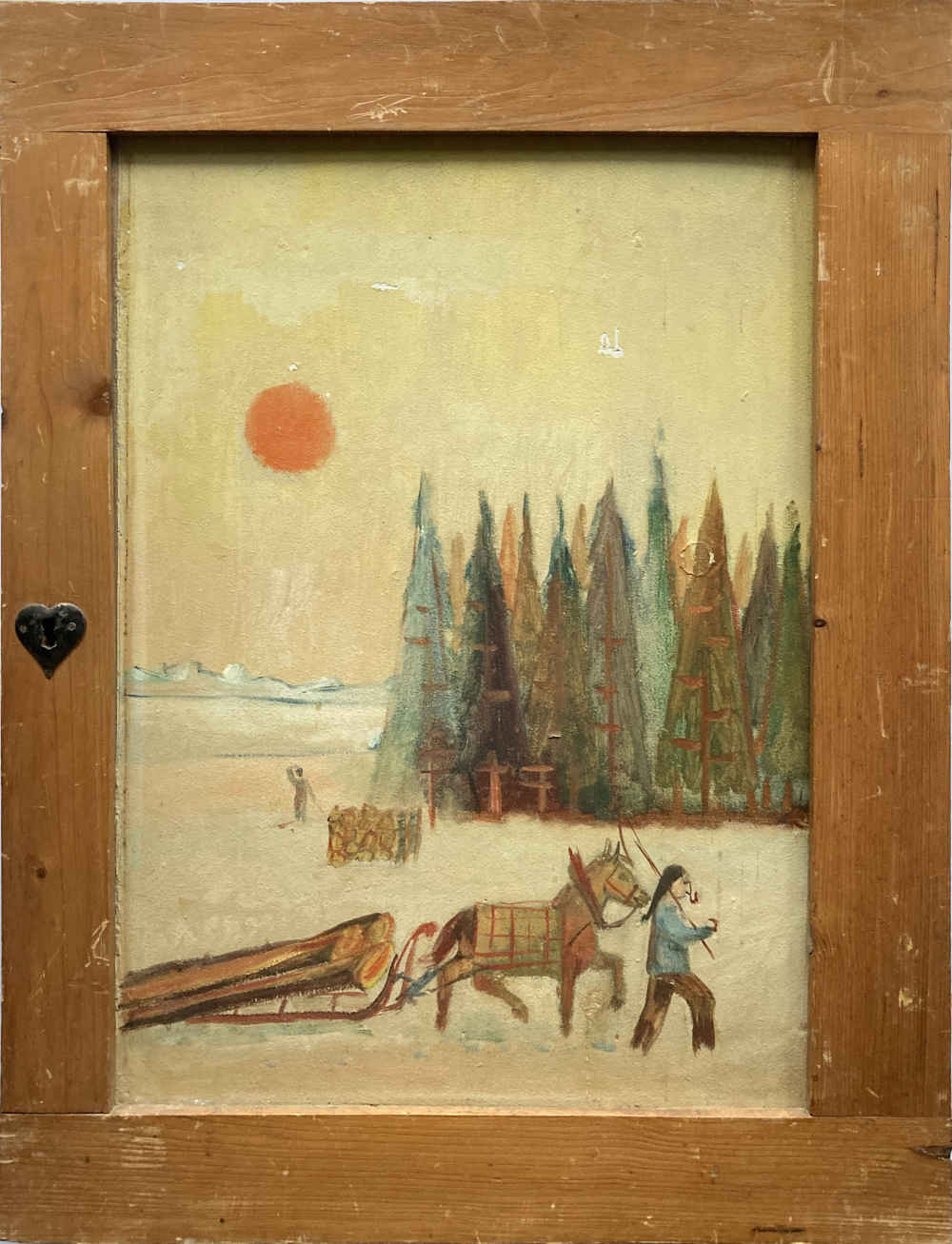 Arte naïf – Paisaje invernal con trineo tirado por caballos – Cuadro en la puerta de un armario - Imagen 2