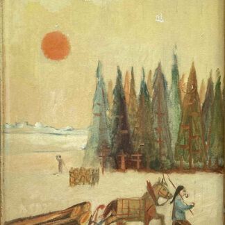 Arte naïf – Paisaje invernal con trineo tirado por caballos – Cuadro en la puerta de un armario