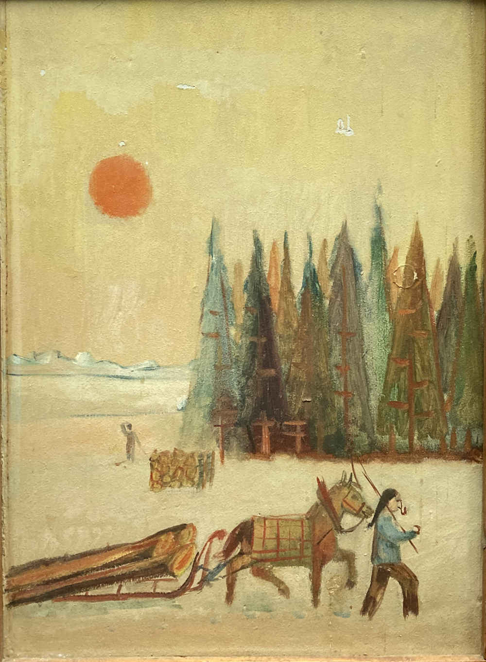 Arte naïf – Paisaje invernal con trineo tirado por caballos – Cuadro en la puerta de un armario
