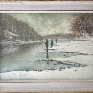 Óleo de artista con firma desconocida: Apertura de la pesca de la trucha en el Rin por encima de Diessenhofen (Suiza).