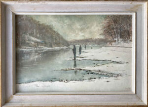 Dipinto a olio di un artista sconosciuto: L'inizio della pesca alla trota sul Reno sopra Diessenhofen (Svizzera).