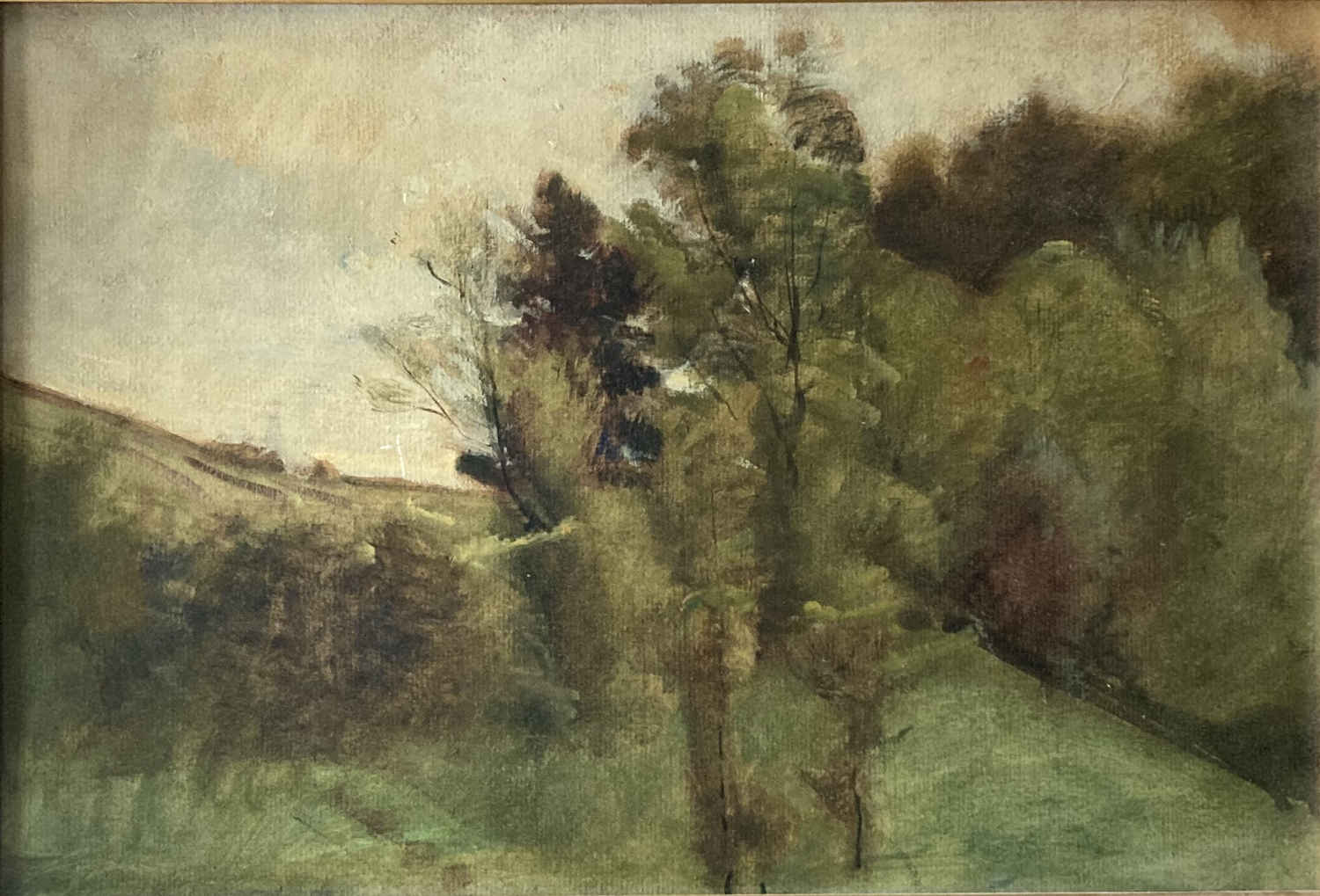 Oil painting by the Swiss landscape painter Barthélemy Menn, main representative of the Geneva School and important painter of the paysage intime style, predecessor of Impressionism; landscape section with trees at the edge of the forest.