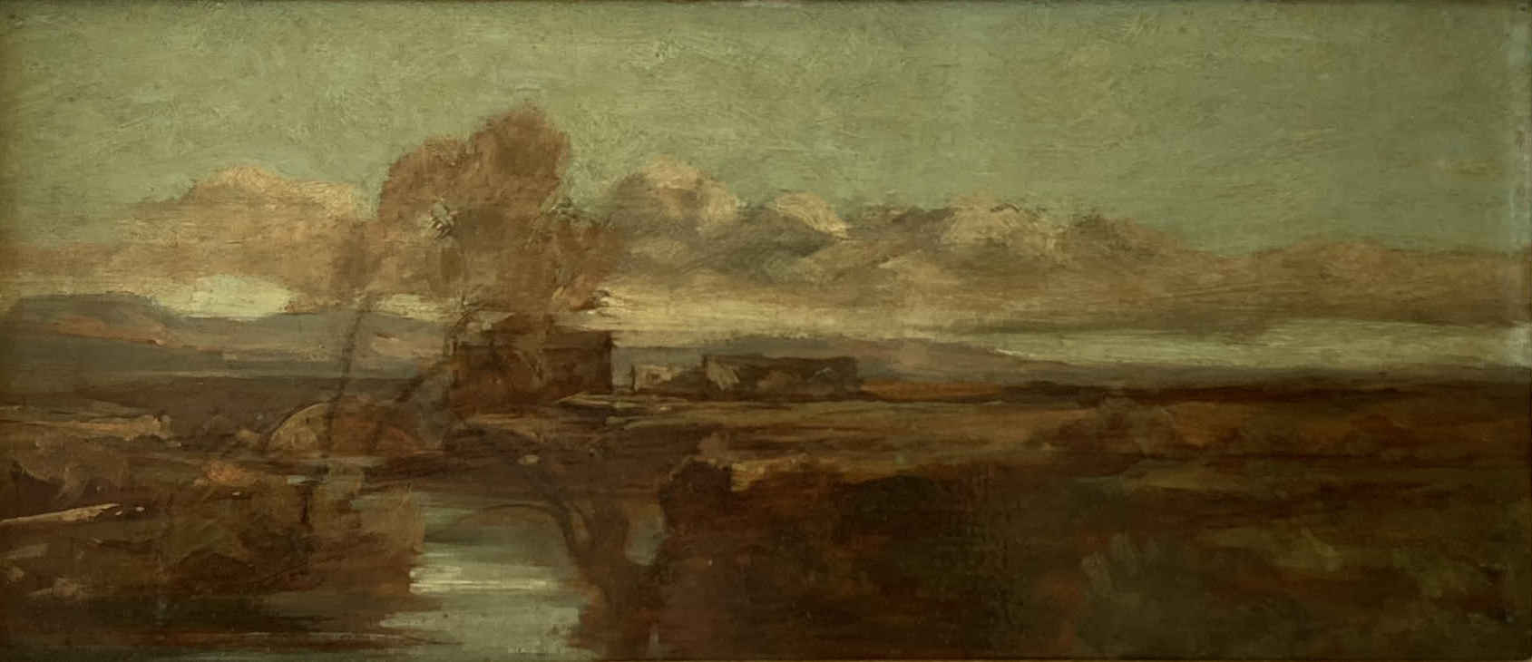 Dipinto a olio del paesaggista svizzero Barthélemy Menn, principale rappresentante della Scuola di Ginevra e importante pittore dello stile paysage intime, predecessore dell'Impressionismo; paesaggio fluviale.