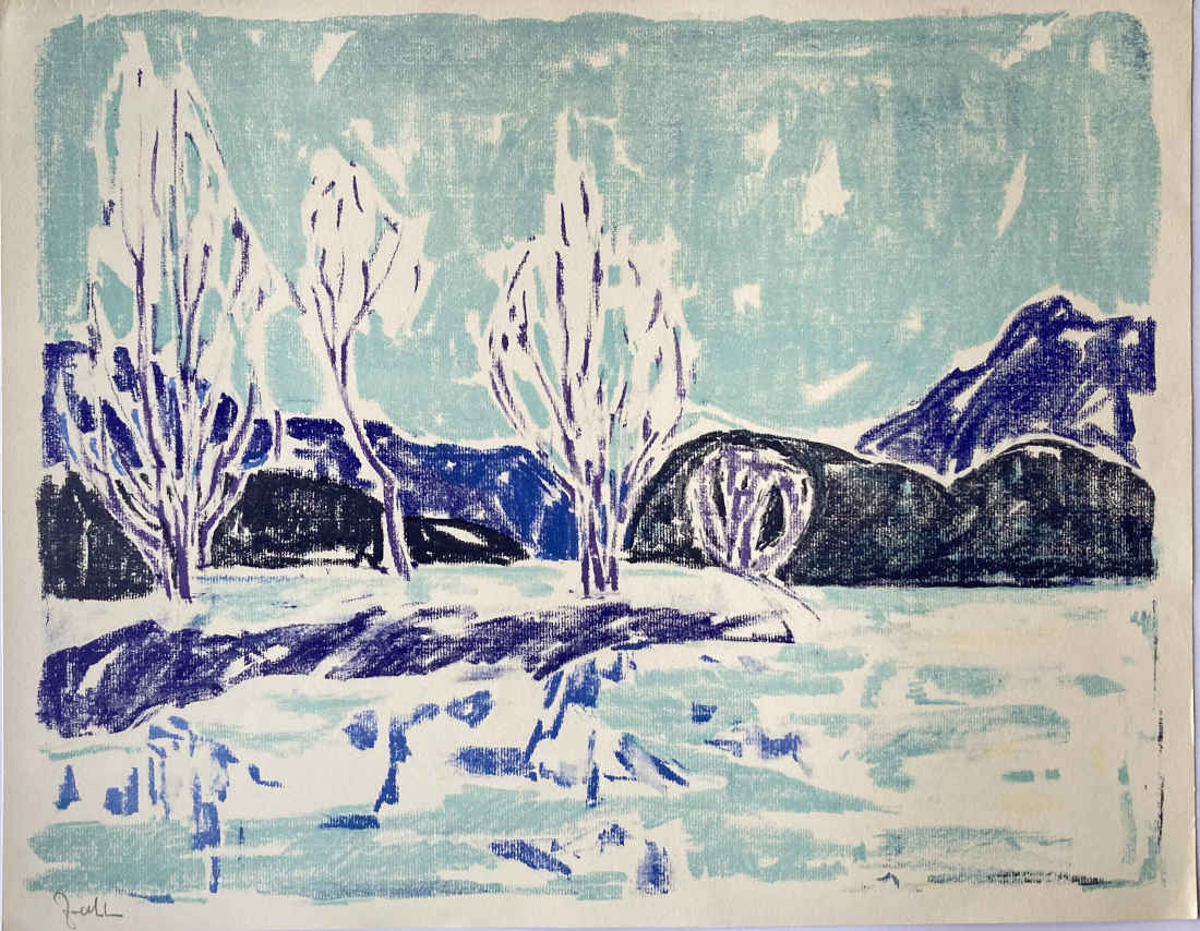 Christian ZWAHLEN (* 1904, † 1977) - Winterlandschaft in Blautönen - Druck