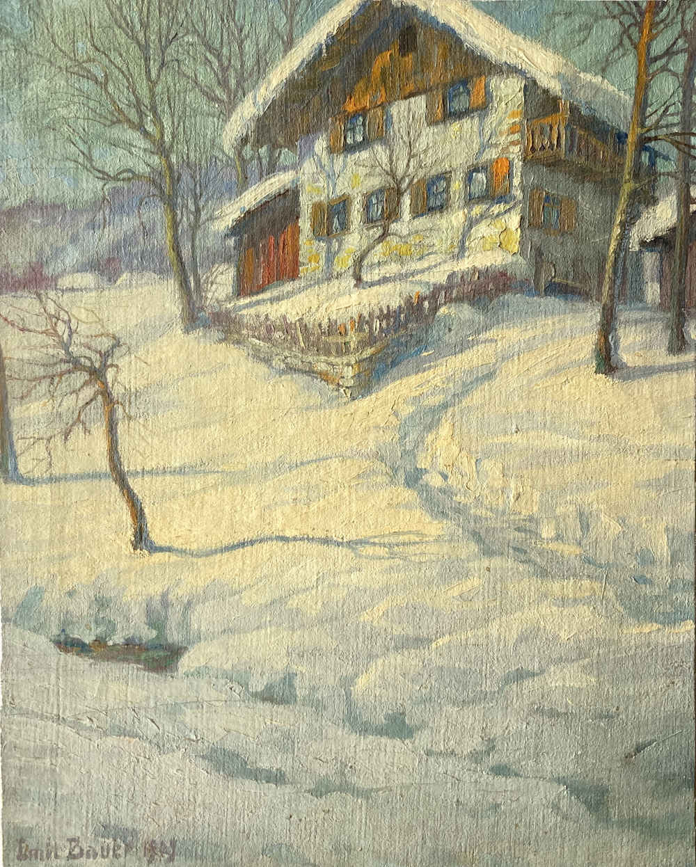 Emil BAUER (* 1891, † 1960) – Granja en la nieve – Óleo sobre lienzo sobre cartón