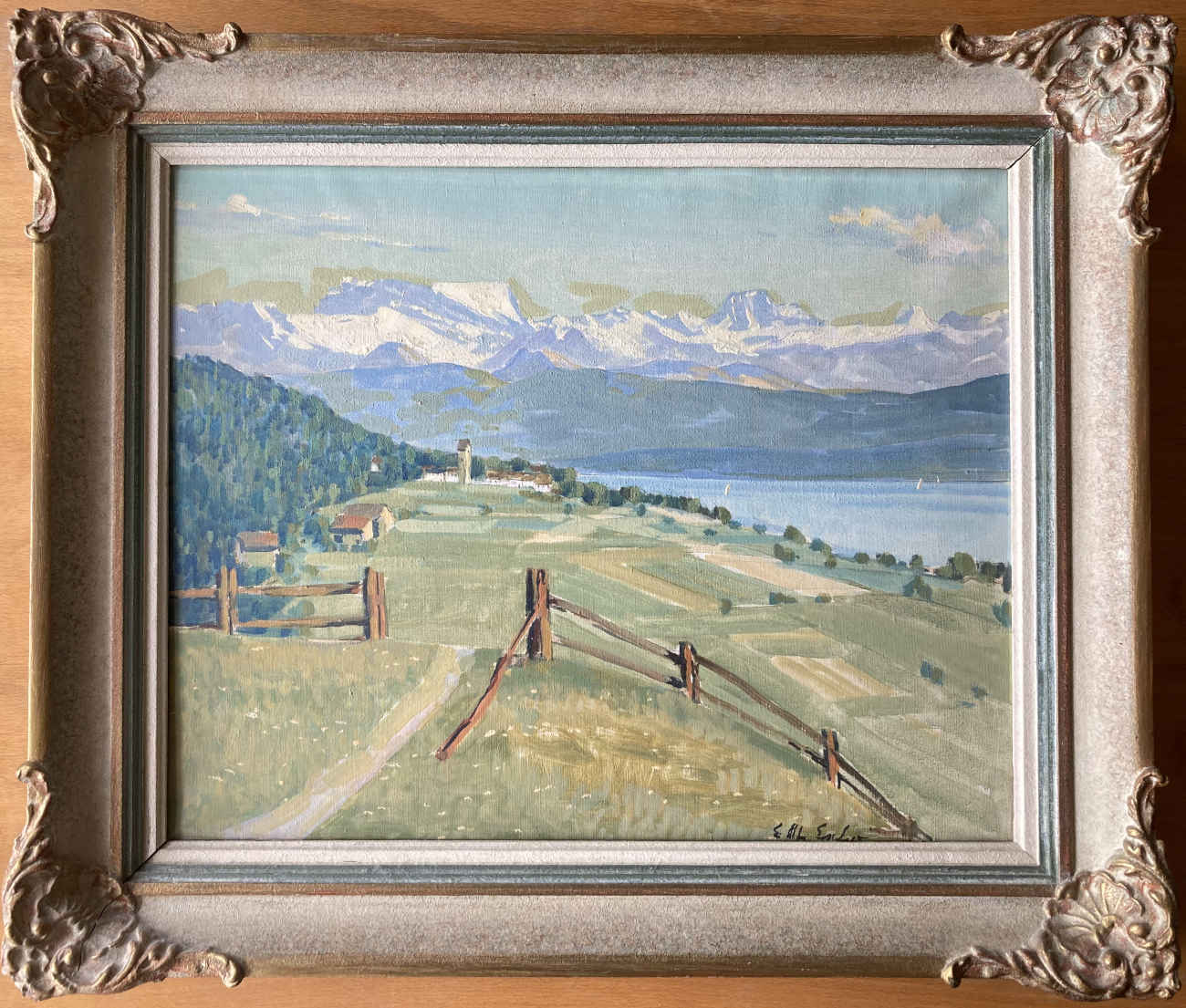 Ernst Alfred von ESCHER (* 1883, † 1963) - Kirche Wetzwil von Blümlisalp oberhalb Herrliberg - Ölgemälde – Bild 2