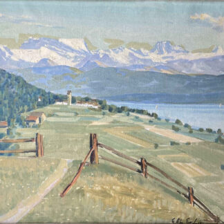 Ernst Alfred von ESCHER (* 1883, † 1963) - Iglesia de Wetzwil desde Blümlisalp sobre Herrliberg - Pintura al óleo