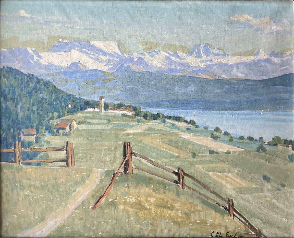 Ernst Alfred von ESCHER (* 1883, † 1963) - Iglesia de Wetzwil desde Blümlisalp sobre Herrliberg - Pintura al óleo