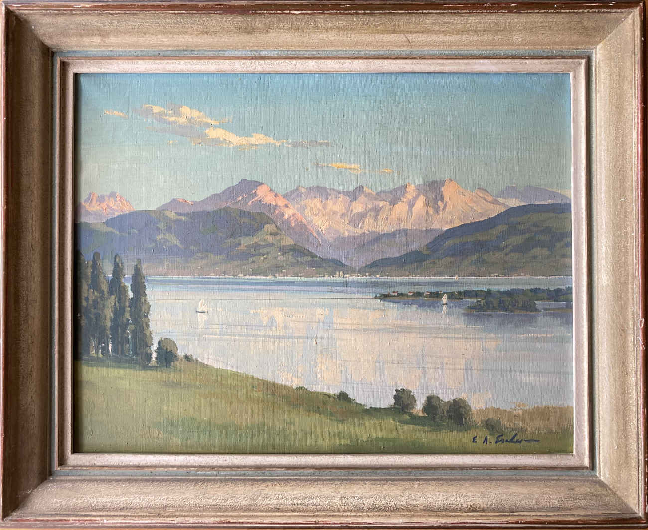 Ernst Alfred von ESCHER (* 1883, † 1963) - Vista de los Alpes al atardecer en el lago de Zúrich - Pintura al óleo - Imagen 2