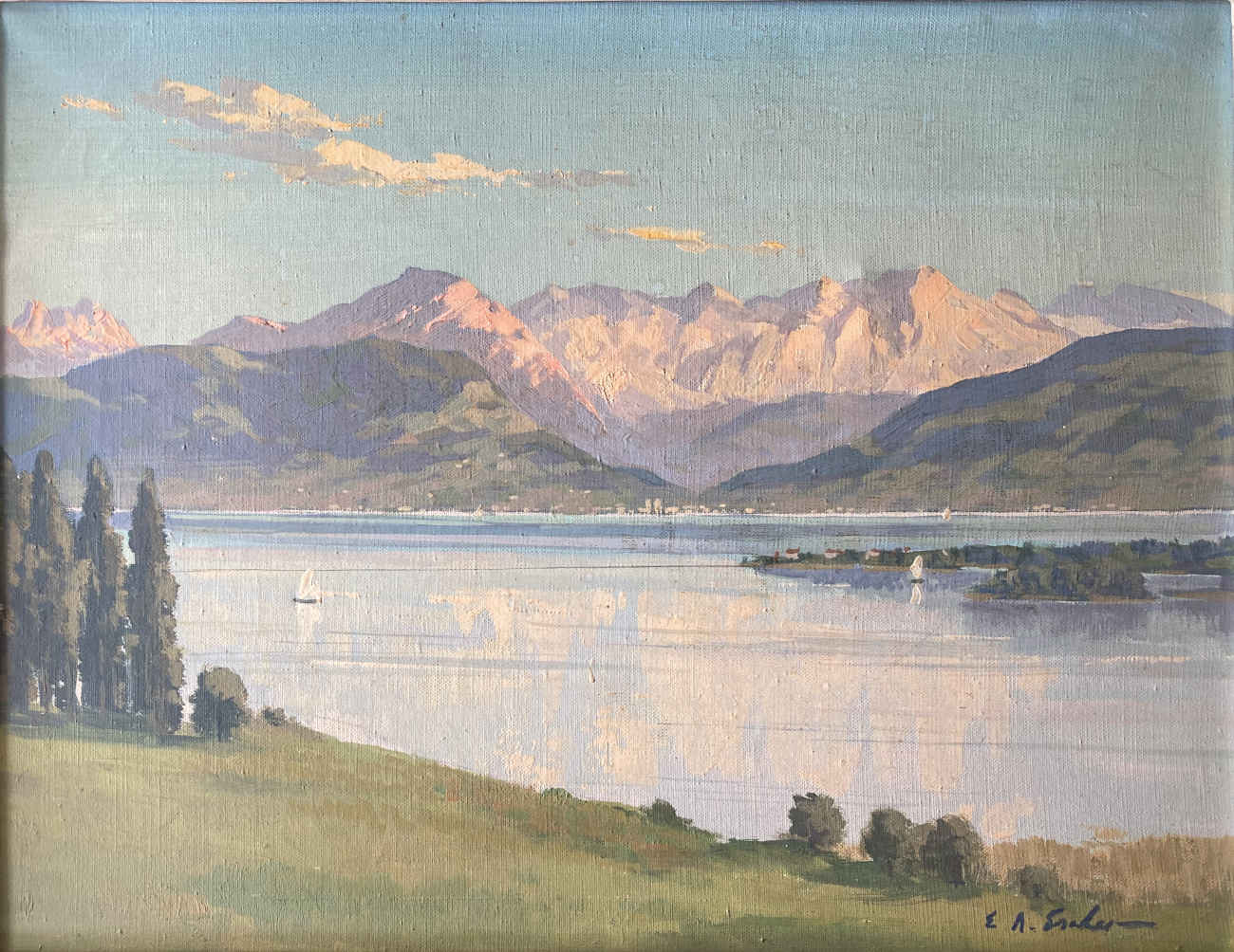 Ernst Alfred von ESCHER (* 1883, † 1963) - Vista de los Alpes al atardecer en el lago de Zúrich - Pintura al óleo