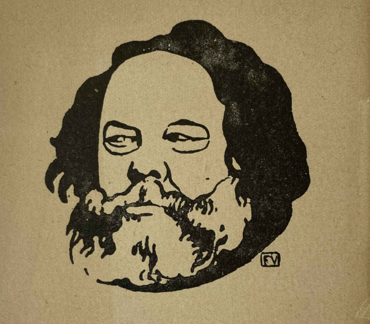 Woodcut by the Swiss painter Félix Vallotton with a portrait of Mikhail Alexandrovich Bakunin.