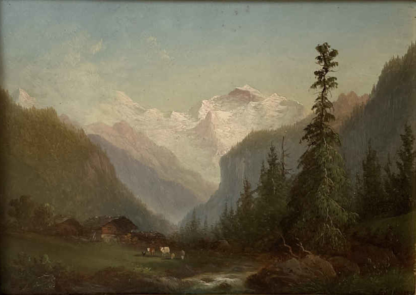 Oil painting by Thun veduta painter Ferdinand Sommer, veduta with Eiger, Mönch and Jungfrau.
