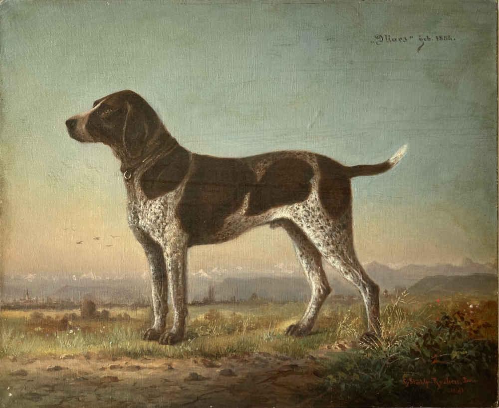 Dog portrait oil painting of an English Pointer in landscape, painted by Gottfried Stähly-Rychen.