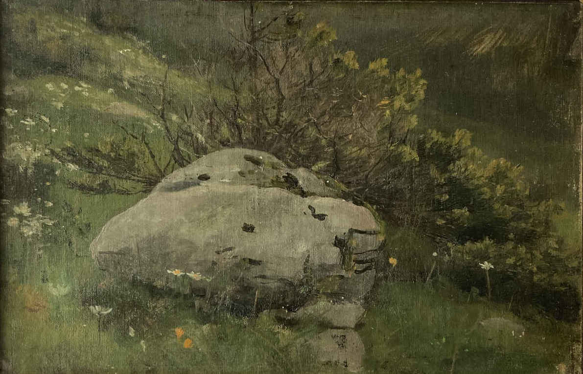 Hans BACHMANN (* 1852, † 1917) – Mountain Landscape with Bush and Stone – Oil on canvas