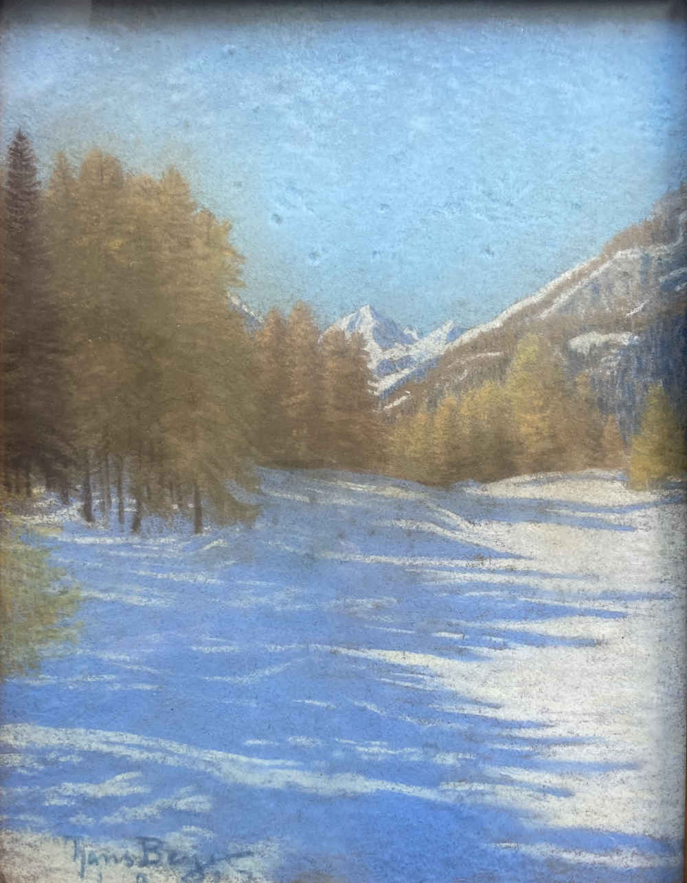 Hans Walter BEYER (* 1878, † 1963) - Pastel - Jeux de lumière dans un paysage hivernal de l'Engadine près de Ftan