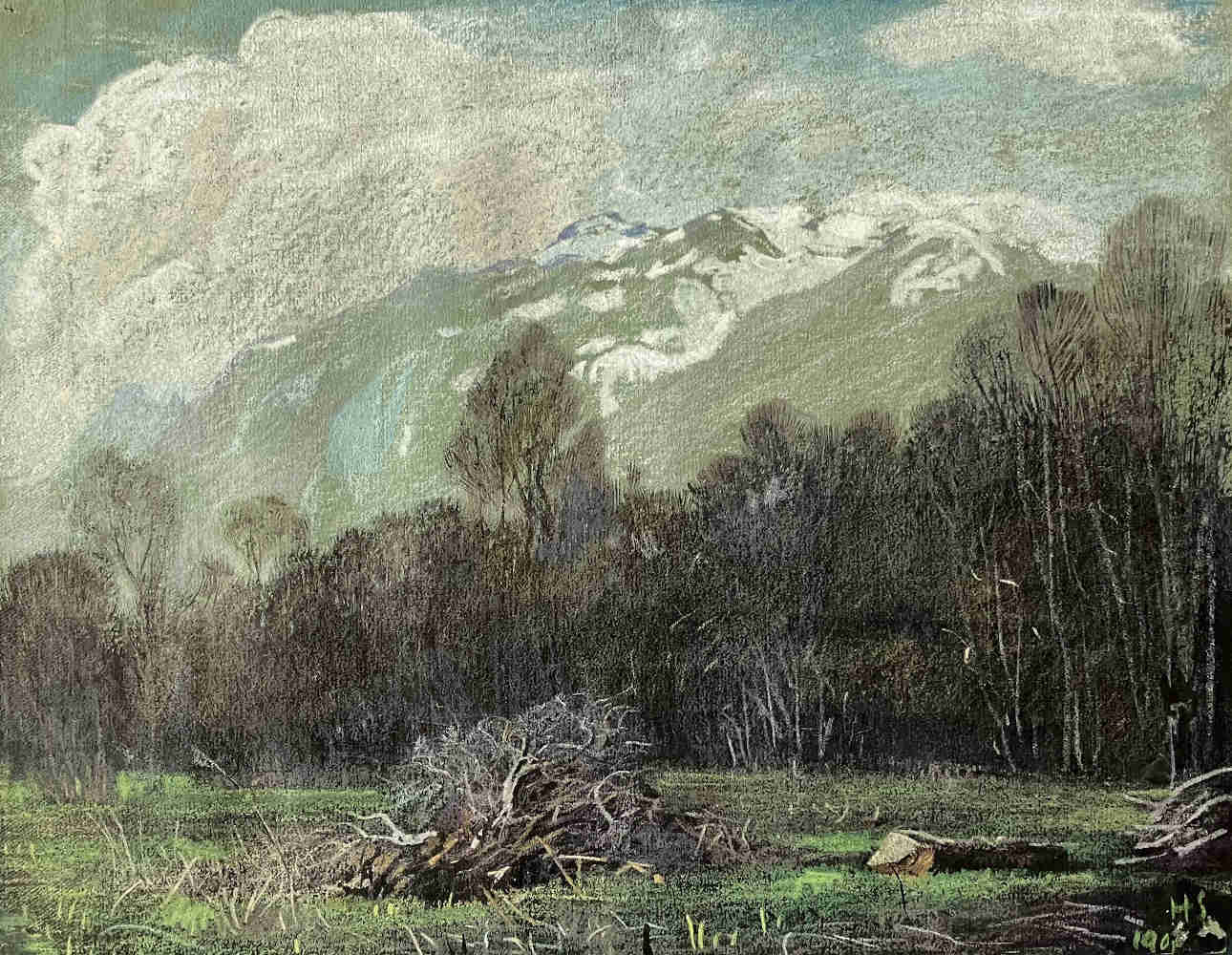 Painting with oil crayon by the painter Hedwig Scherrer (artist) with the motif Hoher Kasten near Oberriet, Rüthi (St. Gallen).