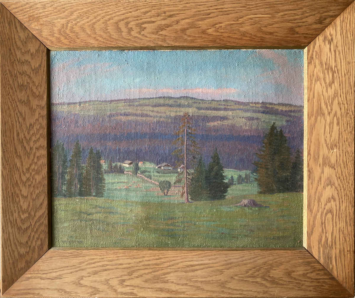 Huile sur toile représentant un paysage vallonné au crépuscule, par Henriette Meyrat