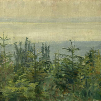 Henriette MEYRAT (* 1874, † 1954)  – View of Lake Neuchâtel above the treetops from the station Chambrelien – Oil on canvas