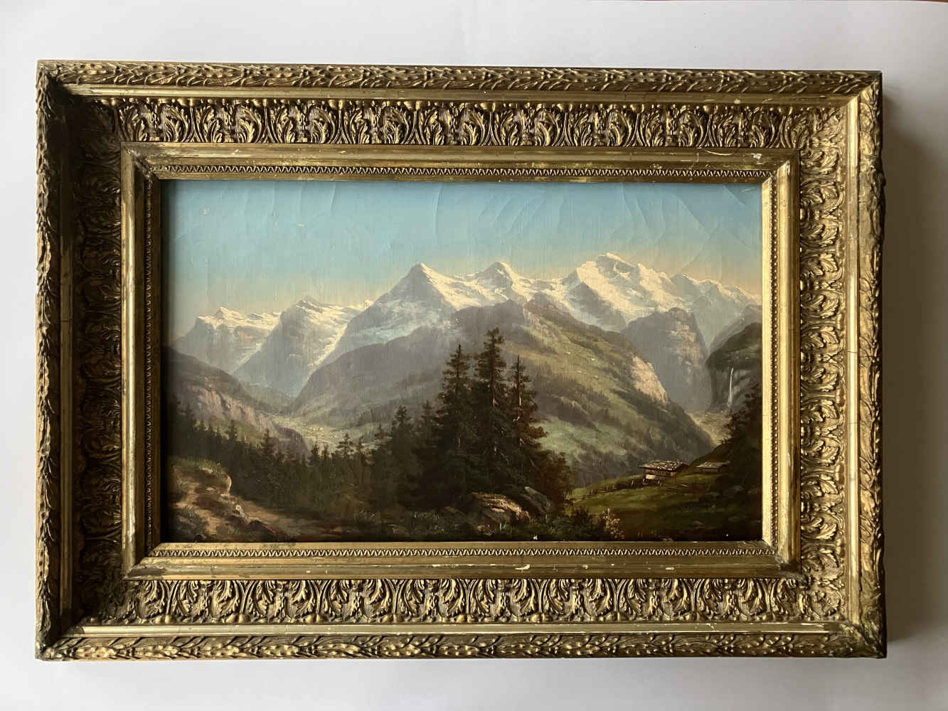 Hippolyte ROUX (* 1852, † ?) - Panorama óleo Wetterhorn Schreckhorn Eiger Mönch Jungfrau y la cascada del Staubbach