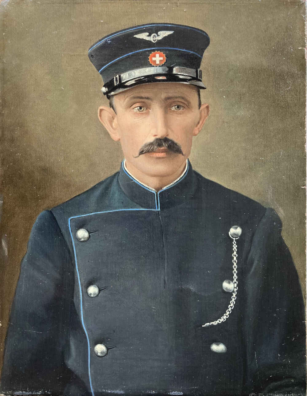 Dipinto a olio di un ferroviere, controllore FFS, bigliettaio, assistente clienti con uniforme FFS del 1902-1932.