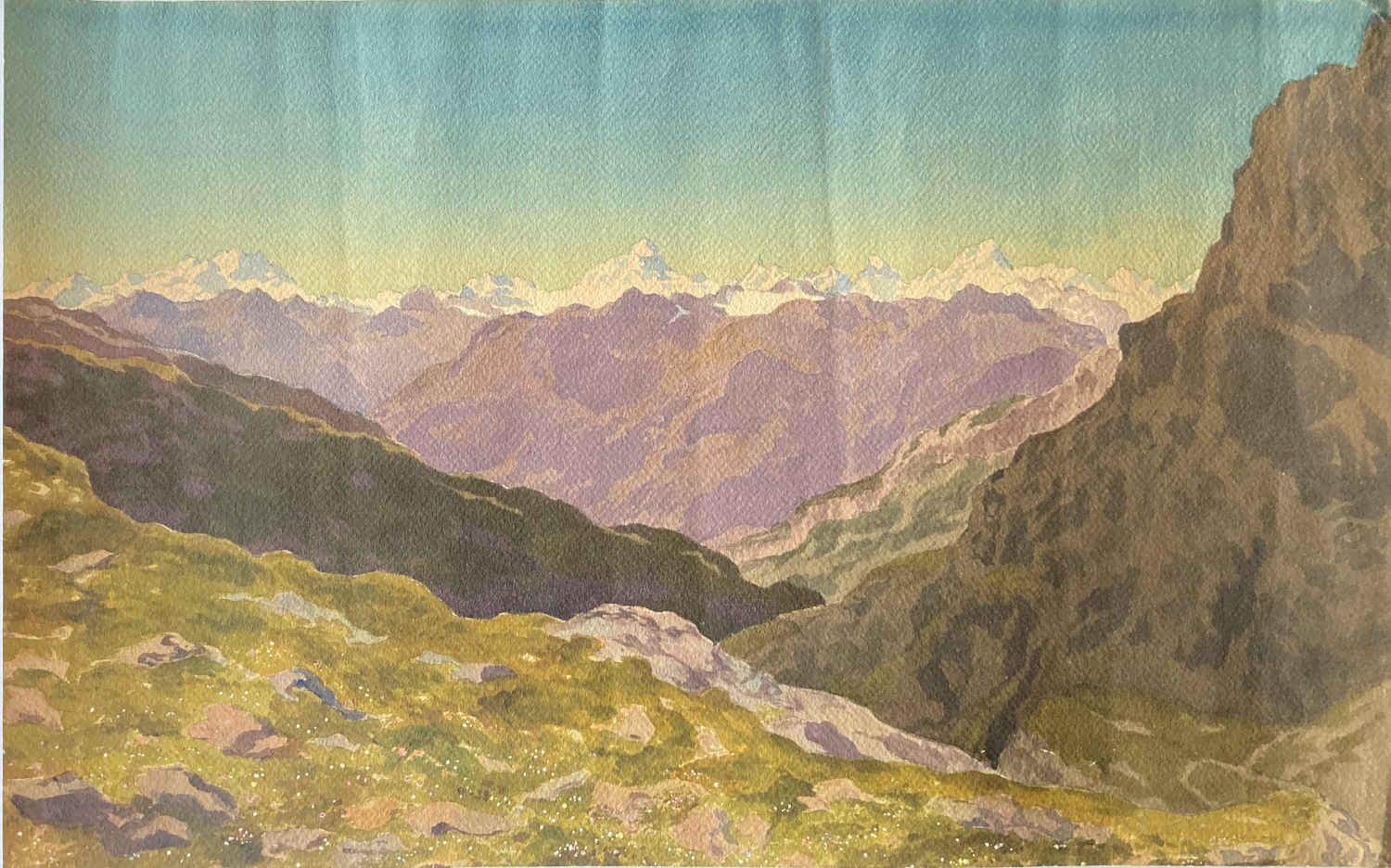 Leonhard STEINER (* 1836, † 1920) - Cumbres del Valais desde el Schwarzsee (cerca de Zermatt) - Pintura a la acuarela