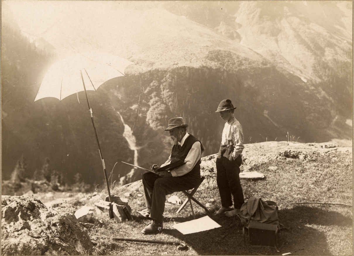 Der Zürcher Landschaftsmaler Leonhard Steiner beim Malen im Maderanertal mit Hirtenbub.
