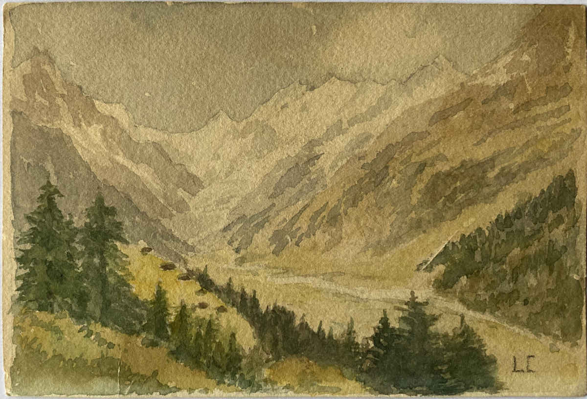 Louis CURTAT (* 1869, † 1944) - Haute vallée dans les Alpes - Aquarelle