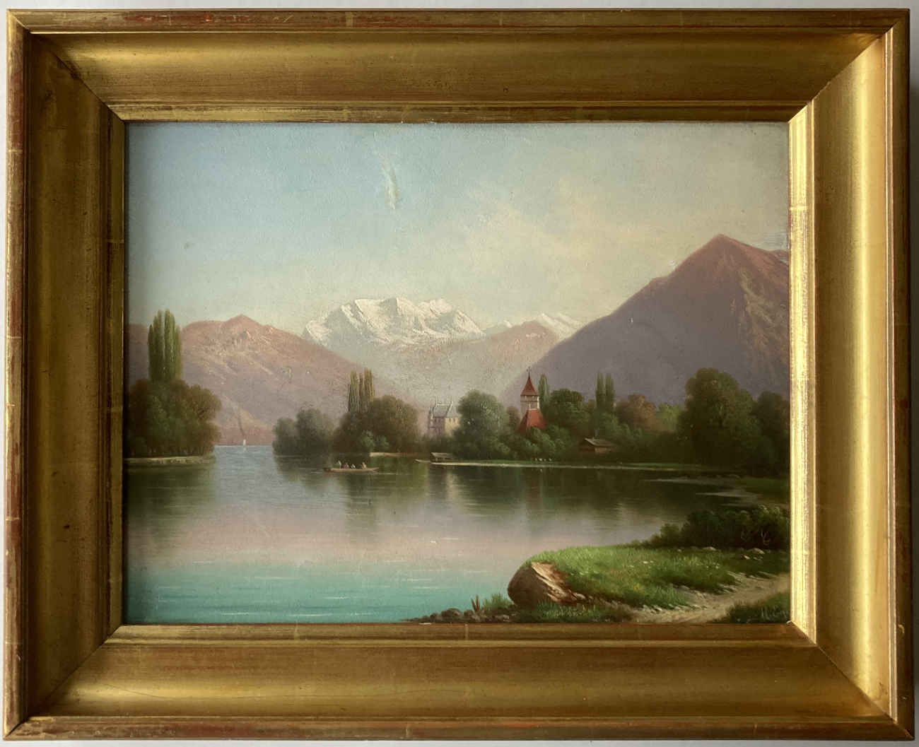 Veduta (peinture à l'huile) avec vue sur l'Aaare, le château de Schadau à Thoune, le Niesen et le massif enneigé de Blümlisalp, peinte par la peintre suisse de vedute Marie Egg.
