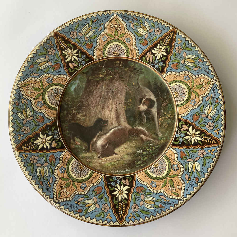 MUSÉE CÉRAMIQUE - Cani da caccia con volpe (Gottfried Stähly-Rychen) - Maiolica di Thun