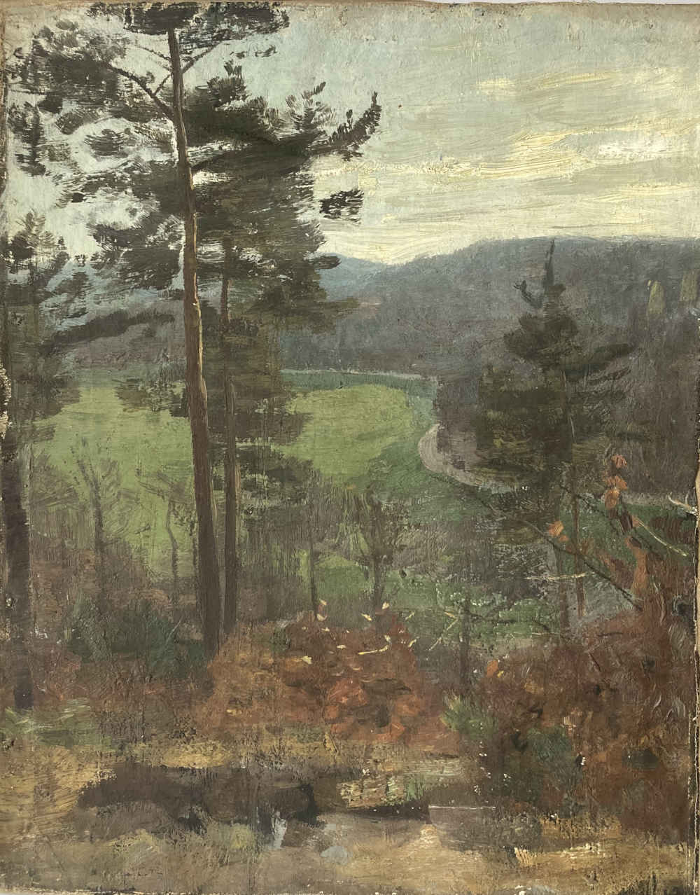 Oil on canvas depicting trees in front of a hilly landscape by Otto Reiniger