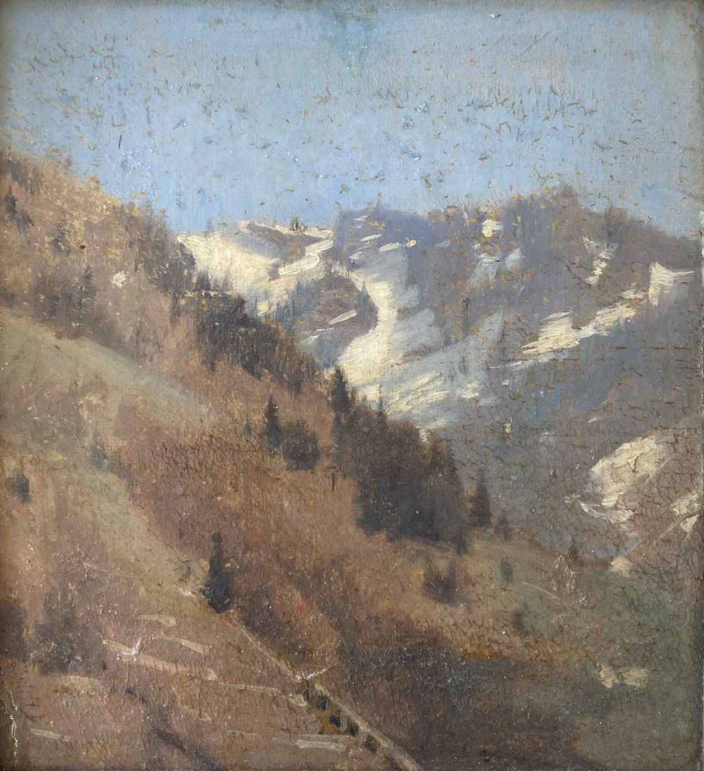 Oil painting by the Swiss landscape painter Sophie de Niederhausern (also known as Sophie de Niederhäusern or Sophie von Niederhausern), with Alpine landscape, Alpine painting, Swiss artist.