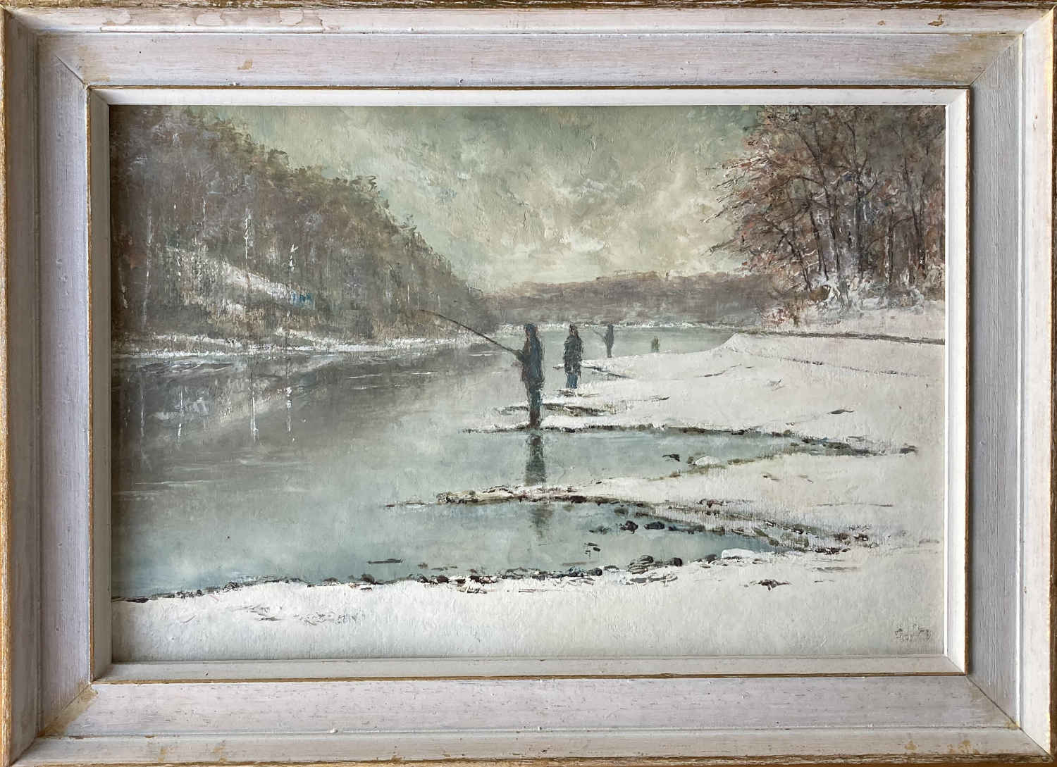 Ölbild von unbekanntem Künstler: Der Beginn der Forellenfischerei am Rhein oberhalb von Diessenhofen (Schweiz); jetzt Kunst Bilder online kaufen.
