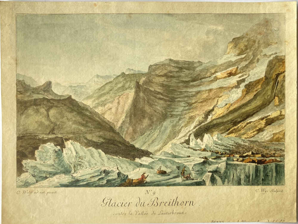 Caspar WOLF (* 1735, † 1783) – Gravure coloriée à la main – N° 9 Glacier du Breithorn, tirée de l'ouvrage de Jacob Samuel Wyttenbach : « Merkwürdige Prospekte aus den Schweizer-Gebürgen und derselben Beschreibung », 1776/1777