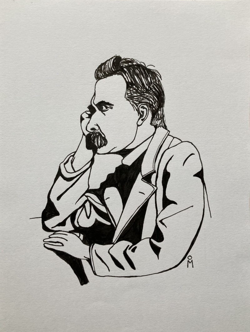 Zeichnung von Friedrich Nietzsche als Porträt (Portrait), angefertigt von der Künstlerin Mila Vázquez Otero, als Kunst Bilder kaufen.